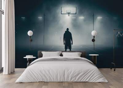 Basketball player looking at the basket at night created with generative AI technology Wall mural