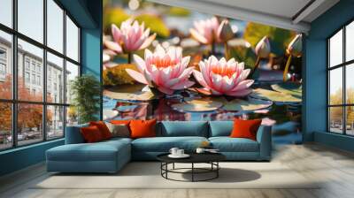 Beautiful pink lotus flowers created with generative AI technology Wall mural