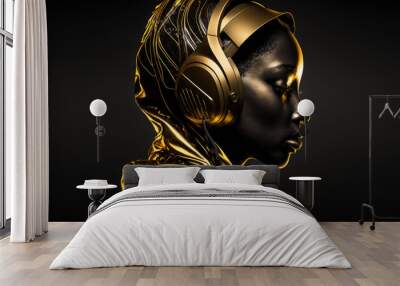 Black woman dressed in gold clothes and headphones created with generative AI technology Wall mural