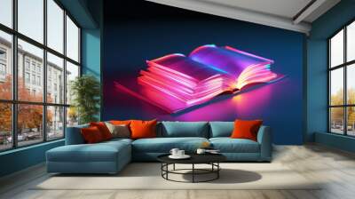 Book with magical neon glow, concept of knowledge and education created with generative AI technology Wall mural