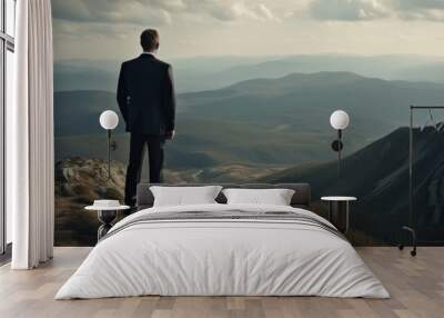 Businessman in a suit stands on top of a mountain, concept of success in business created with generative AI technology Wall mural