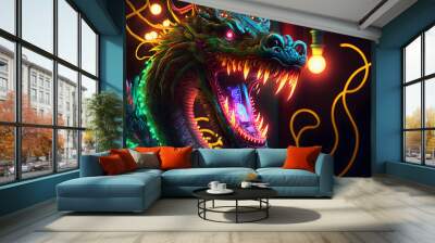 Chinese dragon on black background created with generative AI technology Wall mural