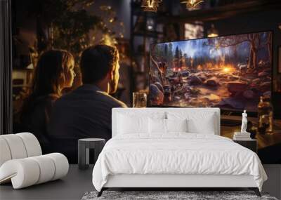 Couple watches the movie at home in the living room in the evening created with generative AI technology Wall mural