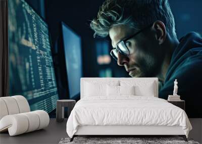 Crypto trader analyst wearing eyeglasses working looking at computer screen created with generative AI technology Wall mural