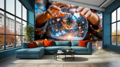 Fortune teller with a magic crystal in which a cat appeared Wall mural