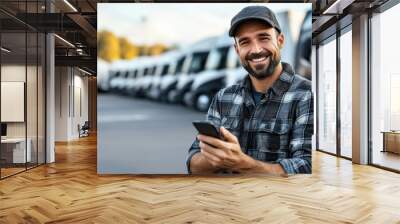 Happy truck driver using cell phone on parking Wall mural