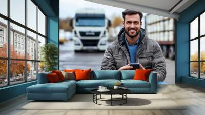 Happy truck driver using cell phone on parking Wall mural