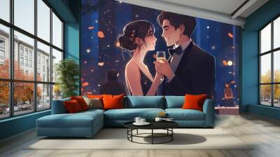 Lovers drink champagne at a party created with generative AI technology Wall mural