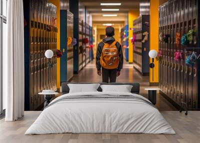 Schoolboy walks down school hallway created with generative AI technology Wall mural