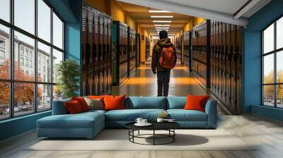 Schoolboy walks down school hallway created with generative AI technology Wall mural