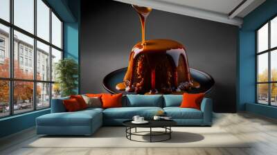 Sticky toffee pudding on black background created with generative AI technology Wall mural