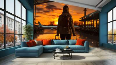 Tourist in the airport terminal with hand luggage flew to the country of her dreams in the evening created with generative AI technology Wall mural