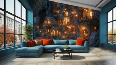  A charming cliffside village with houses built into the rock, illuminated by warm glowing lights, creating a magical and serene atmosphere near a calm shoreline at night. Wall mural