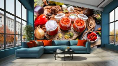 Colorful tabletop scene with raw ajvar surrounded with vegetables. Vegan chutney flat lay scene. Healthy eating Wall mural