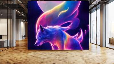 AI generated digital futuristic art illustration of a glowing magical wolf in a fantasy world Wall mural