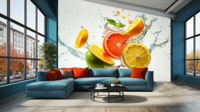 Citrus fruit lemon, lime, orange, grapefruit splashes in water, Generative AI Wall mural