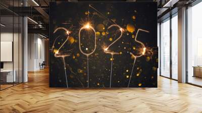 2025 Happy new year Silvester greeting card with burning golden sparklers shiny glitter lights bokeh Wall mural