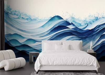 Deep blue sea water waves gradient lines abstract pattern background,  illustration imitating watercolor drawing created with Generative AI technology Wall mural