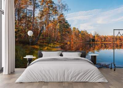 Lake in deep forest in autumn with trees vibrant foliage reflection in still water Wall mural