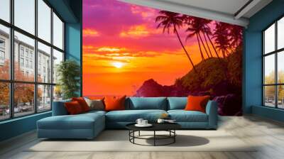 Palm trees on tropical beach at sunset Wall mural