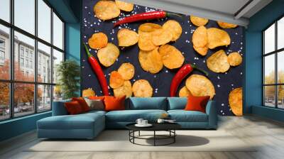 Potato chips with chili pepper flavour and salt on dark stone table surface flat lay top view Wall mural