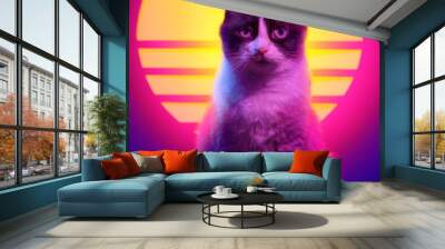 Retrowave synthwave portrait of a cat in 90s retro aesthetics style. 80s sci-fi futuristic animal party poster violet neon. Wall mural