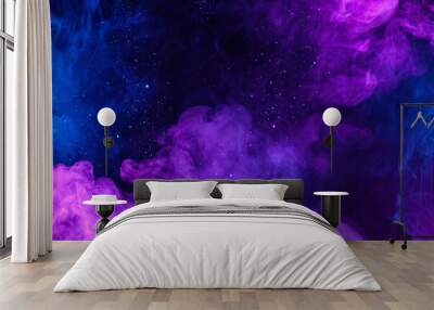 Shiny glitter particles in clouds of pink and blue neon colorful smoke abstract background Wall mural