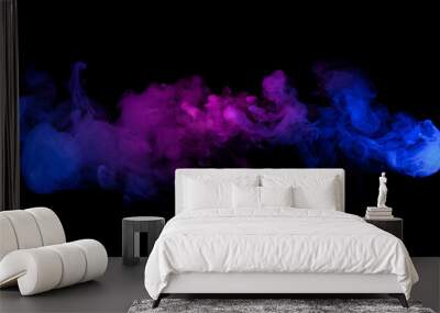 Swirling neon blue and purple multicolored vape smoke puff cloud design element isolated on black background Wall mural