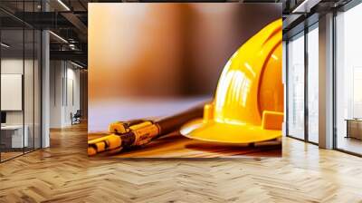 A bright yellow hard hat resting on a wooden surface, symbolizing construction safety and workplace protection. Wall mural