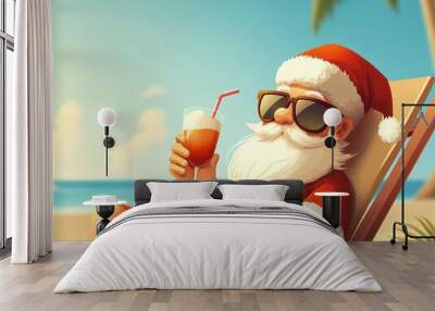 A cheerful Santa Claus relaxing on a beach chair with a tropical drink, enjoying a sunny holiday by the ocean. Wall mural