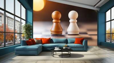 A close-up of two chess pawns, one black and one white, poised on a checkered board, symbolizing strategy and competition. Wall mural