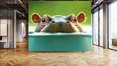 A close-up view of a hippo's face emerging from the water, showcasing its large eyes and ears in a serene natural environment. Wall mural