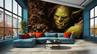 A fierce green goblin emerges from a dark, rugged terrain, displaying intricate details of strength and mystique. Wall mural