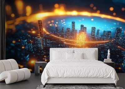 A futuristic cityscape illuminated by vibrant light trails and glowing circles, depicting a technological and advanced urban environment. Wall mural