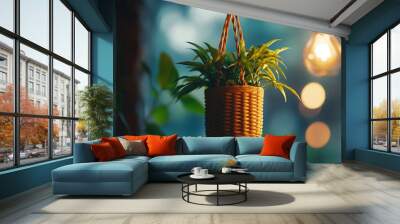 A serene indoor scene featuring a hanging plant in a wicker pot, illuminated by warm hanging lights, creating a cozy ambiance. Wall mural