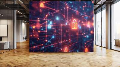 Abstract futuristic digital network with glowing padlock icons, representing cybersecurity, data protection, and secure online connections. Wall mural