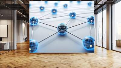 Abstract representation of a network with connected blue nodes on a white background signifying communication and technology. Wall mural