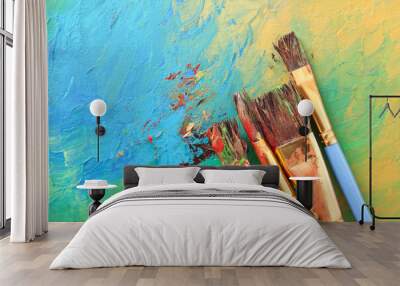 Abstract colorful artwork and brushes, top view Wall mural