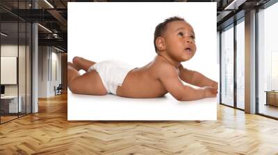 Adorable African-American baby in diaper on white background Wall mural