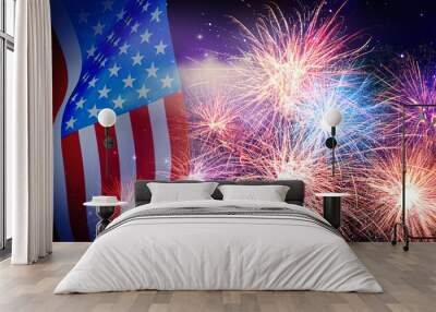 American flag and fireworks, banner design. Independence Day of USA Wall mural