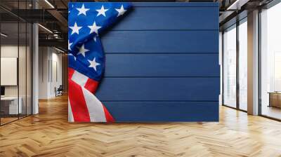 American flag on blue wooden table, top view with space for text. Memorial Day Wall mural