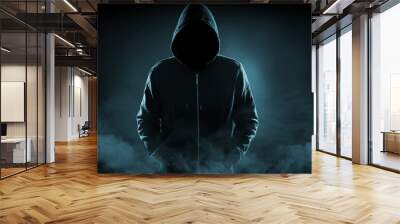 Anonymous man in hood surrounded by smoke on black background. Banner design Wall mural