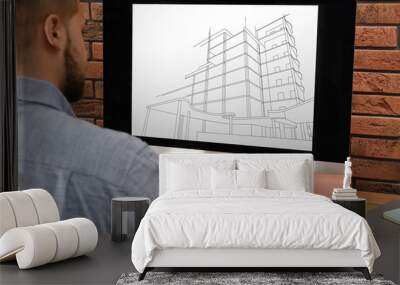 Architect making project of house on computer in office, closeup Wall mural