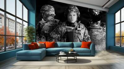 Armed soldiers in smoke on black background, black and white. Banner design Wall mural