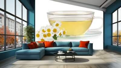 Aromatic herbal tea in glass cup and chamomiles isolated on white Wall mural