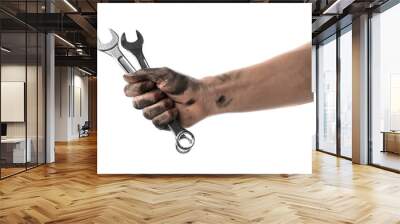 Auto mechanic holding wrenches isolated on white, closeup Wall mural