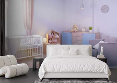 Baby room interior with comfortable crib near window. Banner design Wall mural