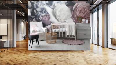 Baby room interior with stylish crib and floral wallpaper Wall mural