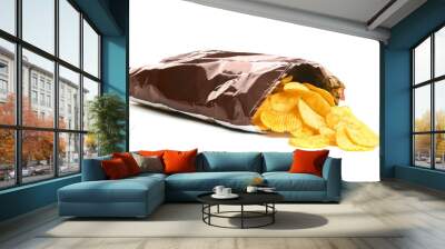 Bag with crispy potato chips on white background Wall mural