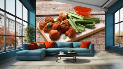 Baked cauliflower buffalo wings with parsley served on wooden table Wall mural